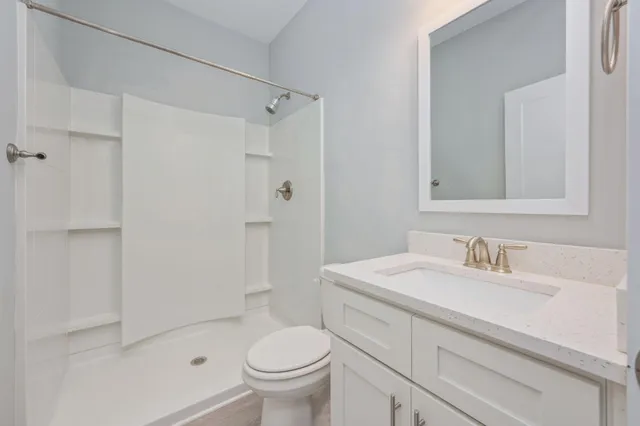 a bathroom with a shower and a toilet