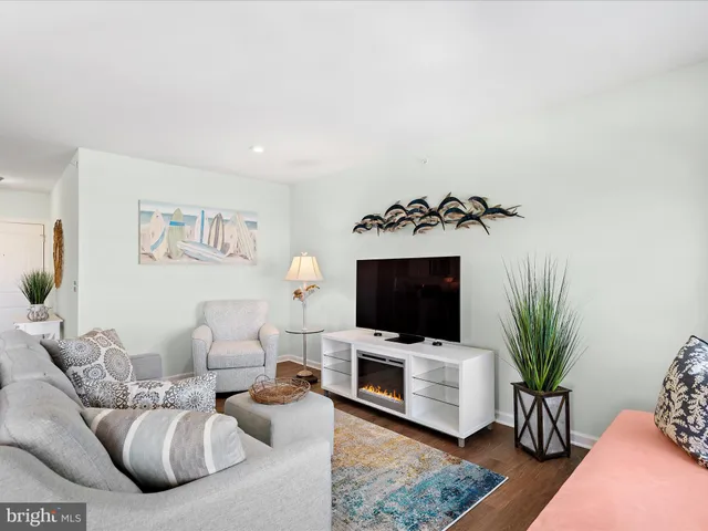 a living room with furniture a flat screen tv and a potted plant