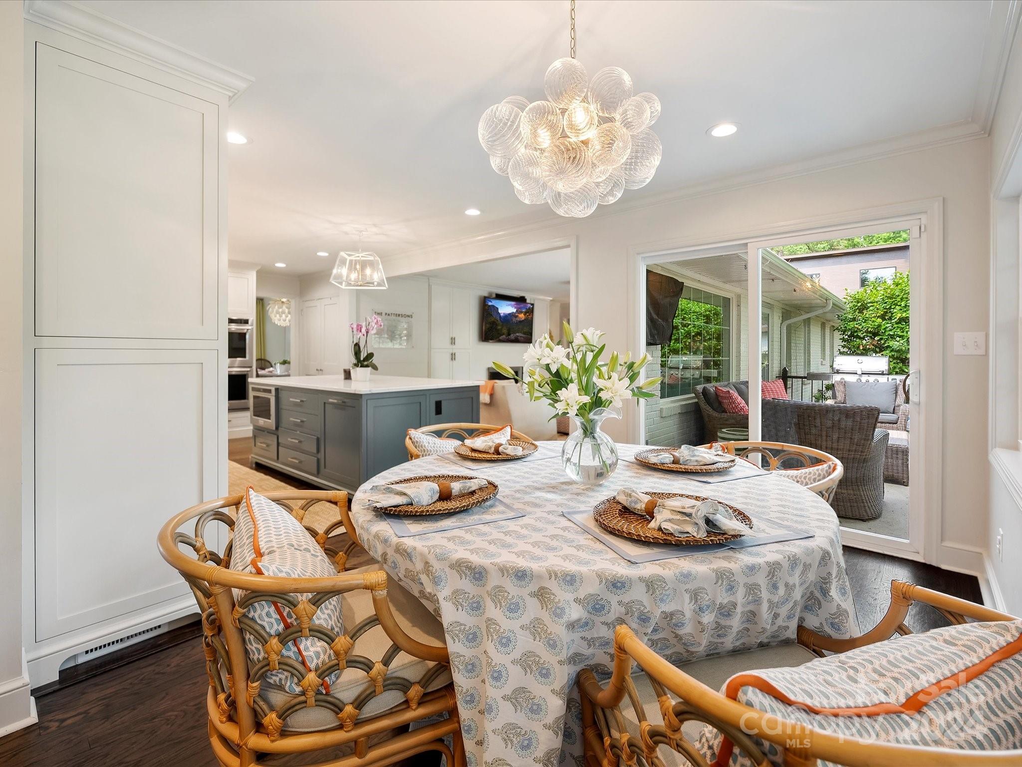 3401 Eastburn Road Charlotte, NC 28210 - Photo 27 of 43 a dining room with furniture a chandelier and wooden floor