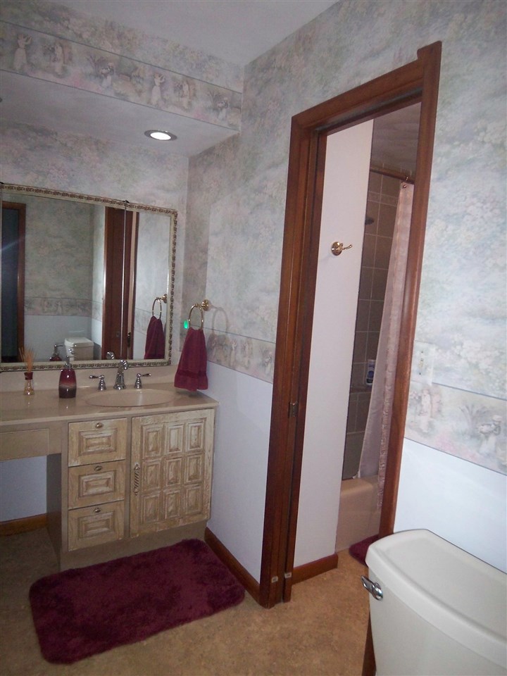 2666 South Rock City Road Ridott, IL 61067 - Photo 13 of 25 a bathroom with a double vanity sink and a mirror