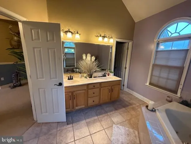a bathroom with a double vanity sink a mirror and a bathtub
