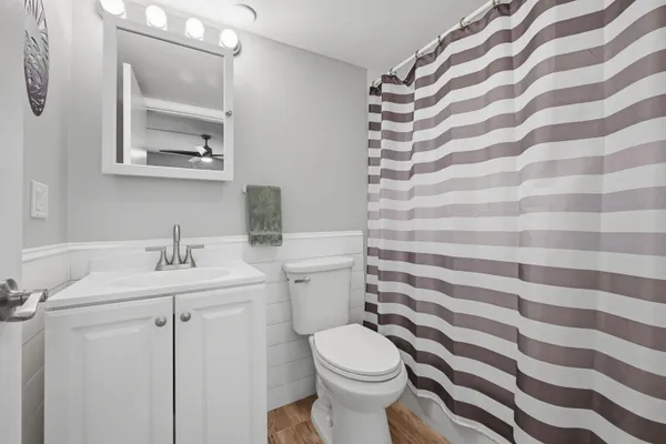 a bathroom with a sink a toilet a mirror and shower curtain