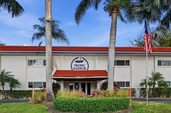 a view of a water fountain with potted plants