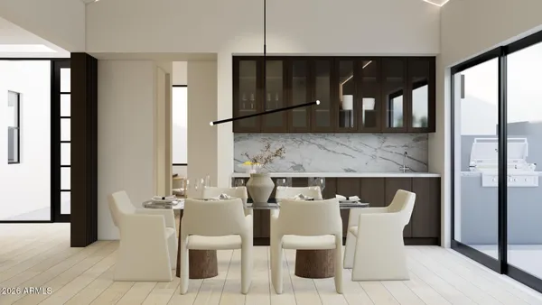 a view of a dining room with furniture