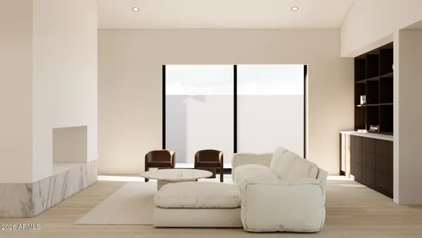 a living room with furniture and large window