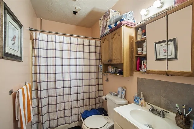 a bathroom with a sink toilet and shower
