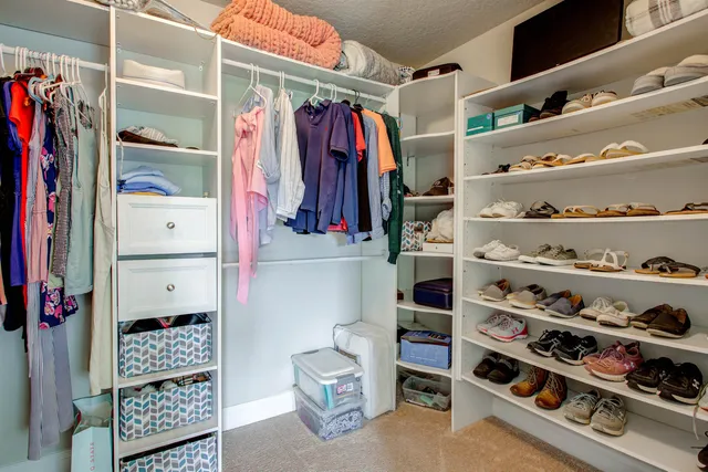 a bedroom with a bed and closet
