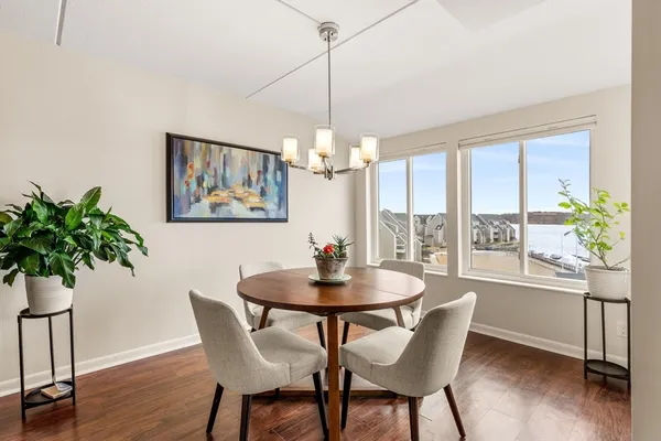 a dining room with furniture potted plants and wooden floor