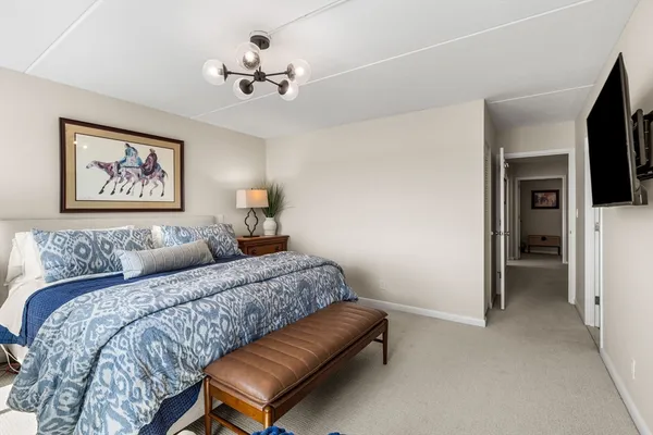 a bedroom with a bed and a chandelier