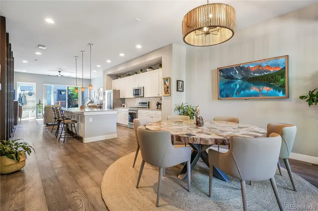 a view of a dining room with furniture