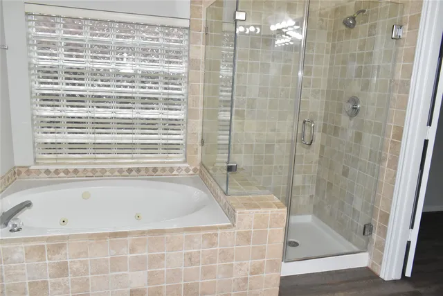 a bathroom with a shower and a bathtub