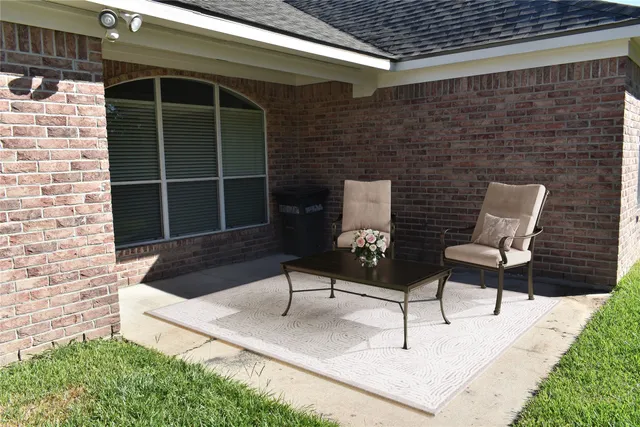 a building outdoor space with patio furniture