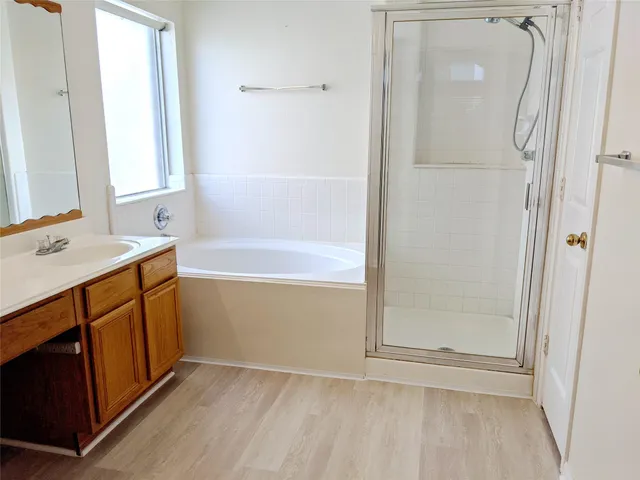 a bathroom with a tub sink vanity and mirror