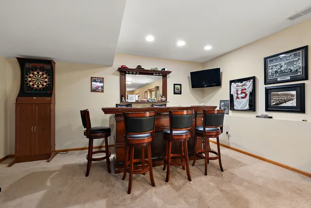 a view of a dining room with furniture