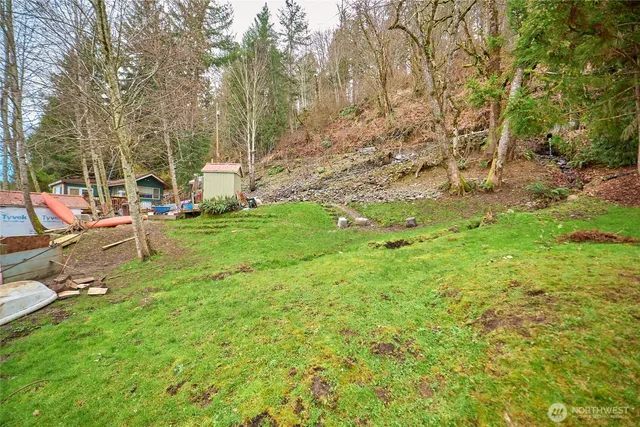 a backyard of a house with table and chairs