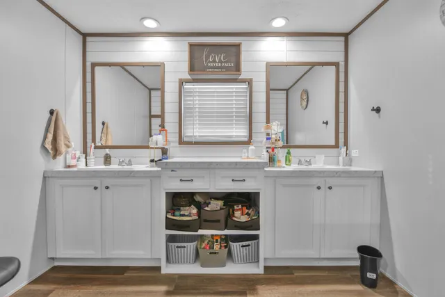 a bathroom with a sink and a mirror