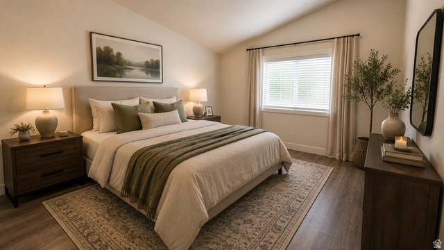 1450 North Dixie Downs Road, Unit 51 St. George, UT 84770 - Photo 9 of 25 Virtually Staged Photo. Vaulted ceiling bedroom featuring wood-finish flooring, a neutral color palette, and a window with blinds and drapes