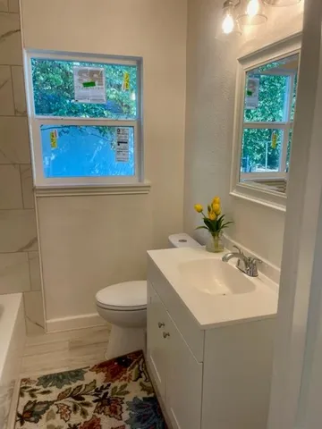 a bathroom with a toilet a sink and a bathtub