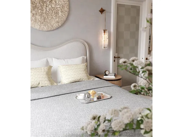 a bed room with a bed mirror and a window