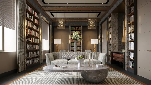 a living room with furniture and a potted plant