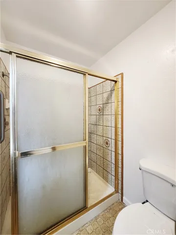 a bathroom with a shower and a toilet