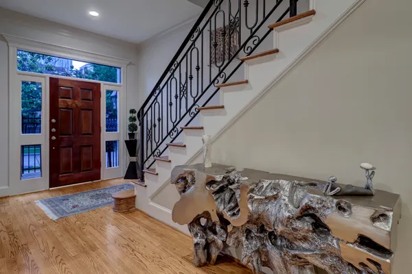 a view of a livingroom with closet and stairs