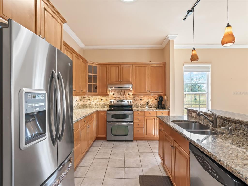 1412 Meadow View Way Lady Lake, FL 32159 - Photo 8 of 37 a kitchen with granite countertop a refrigerator stove and sink