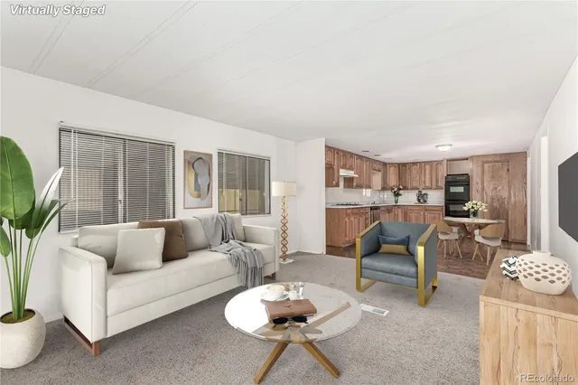 a living room with furniture and a potted plant