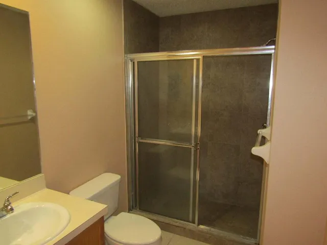 a bathroom with a shower and toilet