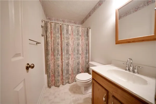 a bathroom with a sink a toilet and shower curtain