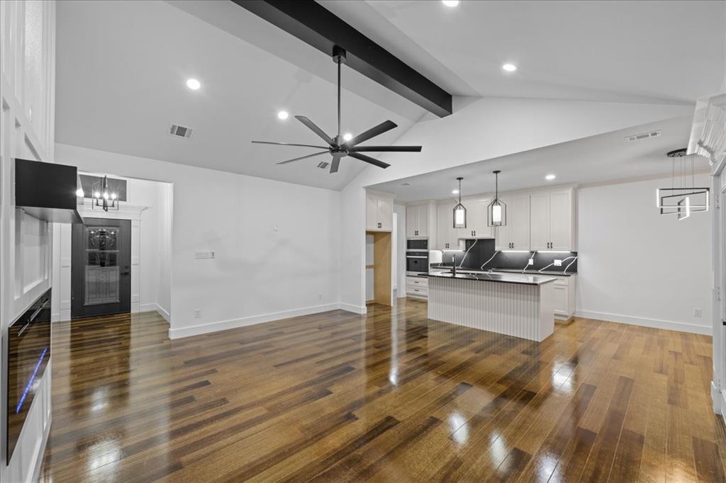 3028 West Frk Way Springtown, TX 76082 - Photo 6 of 24 Living room with vaulted ceiling, wood-style flooring, ceiling fan, and recessed lighting