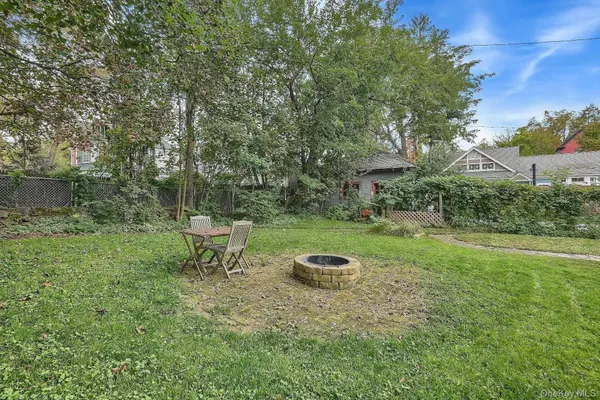 a view of a backyard with table and chairs