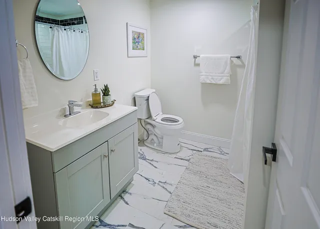 a bathroom with a toilet a sink a mirror and vanity