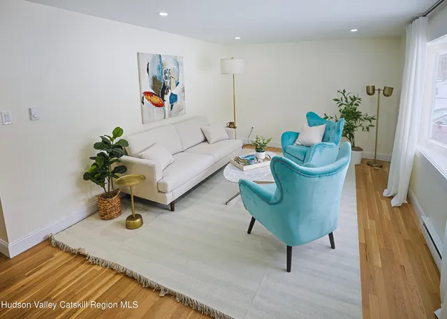 a living room with furniture and a potted plant
