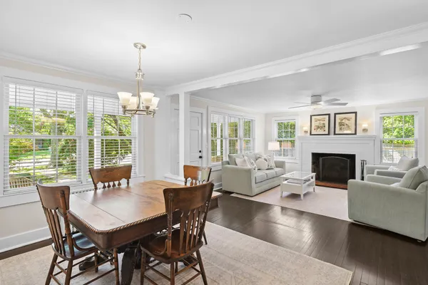 a view of a dining room with furniture window and wooden floor