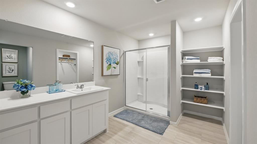 1645 Tin Roof Road Krum, TX 76249 - Photo 17 of 36 a spacious bathroom with a shower a sink and a mirror