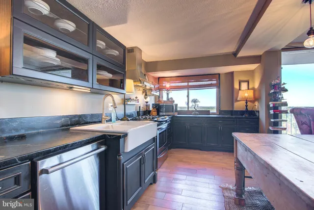 a kitchen with stainless steel appliances granite countertop a sink a stove counter space and cabinets