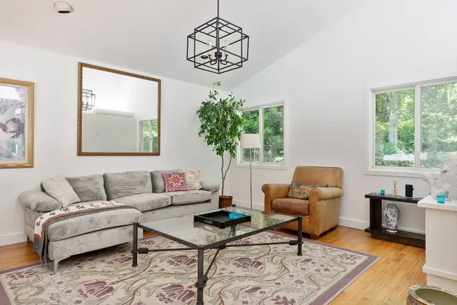 a living room with furniture and a potted plant