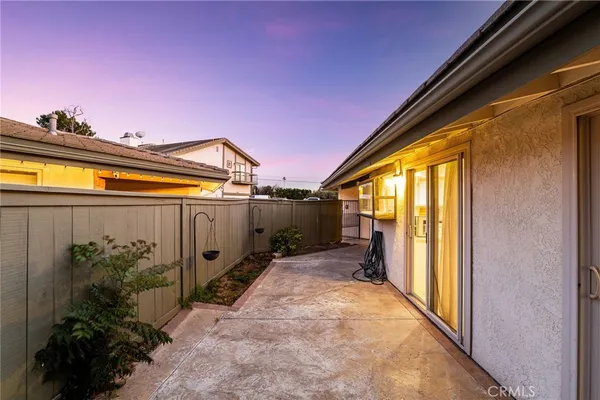 a backyard view with a potted plant and floor to ceiling window