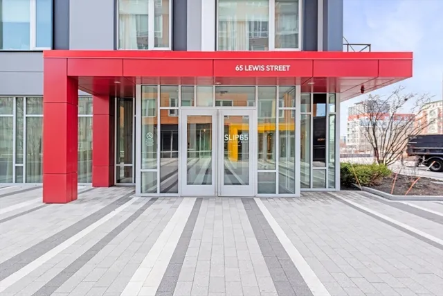 a view of a building with red door