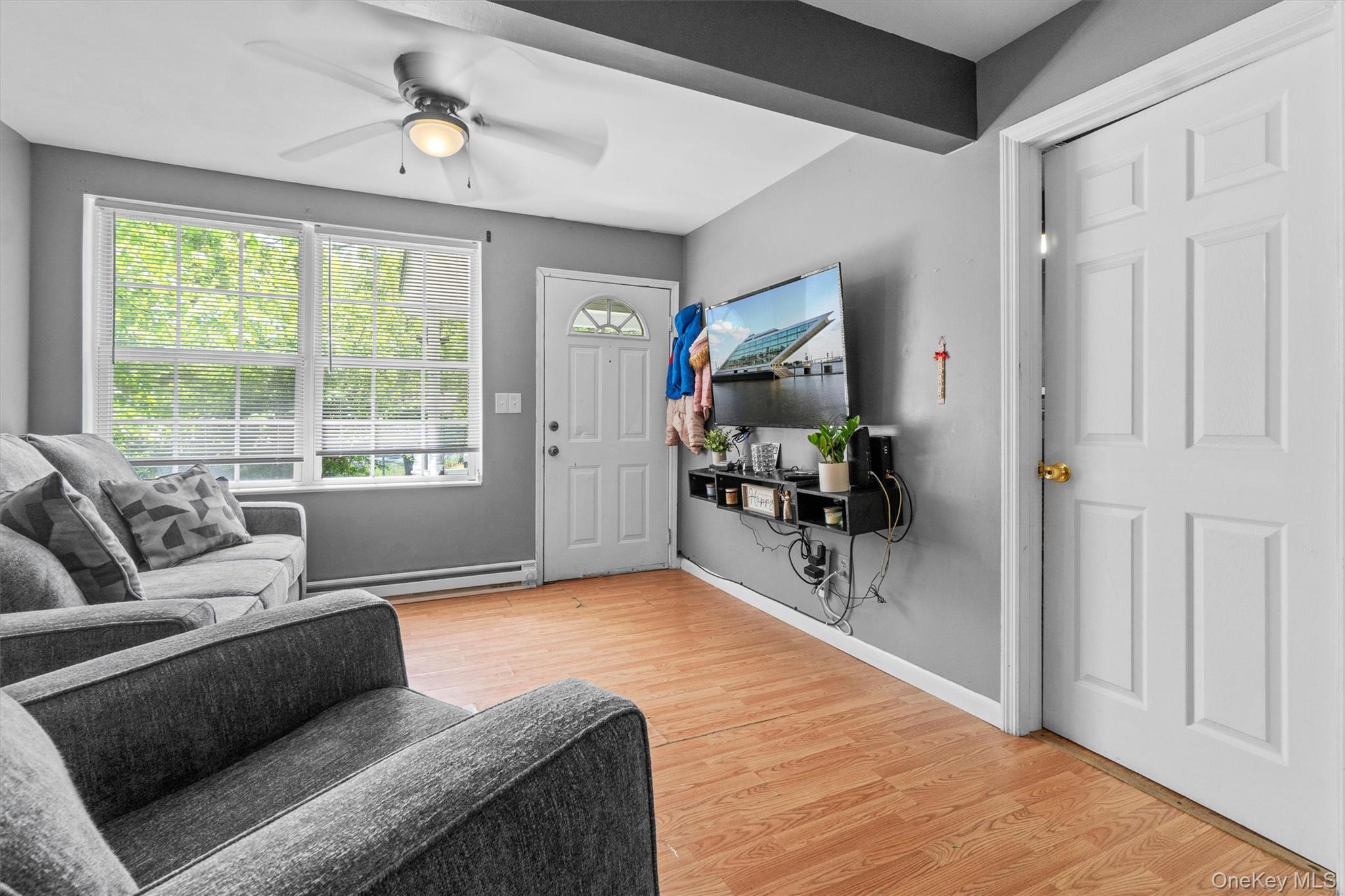 359 Lake Shore Drive Pine Bush, NY 12566 - Photo 10 of 25 Living room with light wood-style floors, a ceiling fan, baseboard heating, and baseboards