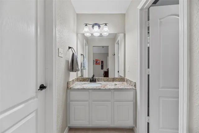a bathroom with a sink vanity and a mirror