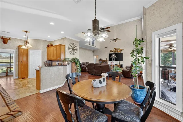 a view of a dining room and furniture