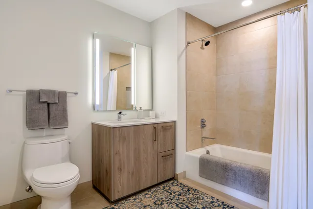 a bathroom with a granite countertop sink toilet and shower