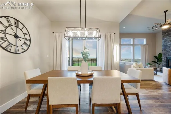 a view of a dining room with furniture window and outside view