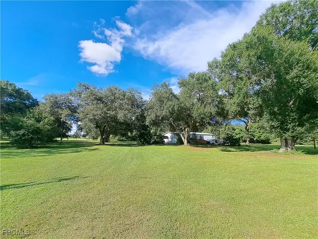 a view of yard with swimming pool and trees