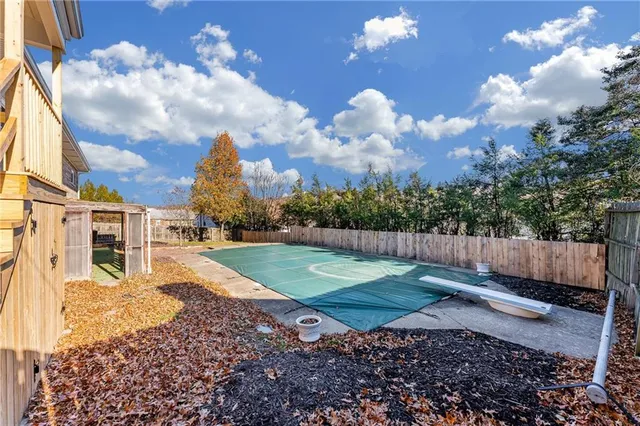 a view of a yard with a large tree in it