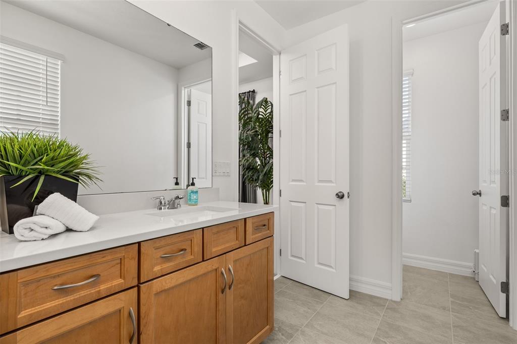 1849 Island Village Way Celebration, FL 34747 - Photo 29 of 50 a bathroom with a granite countertop sink and a mirror
