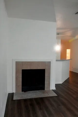 a room with a fireplace