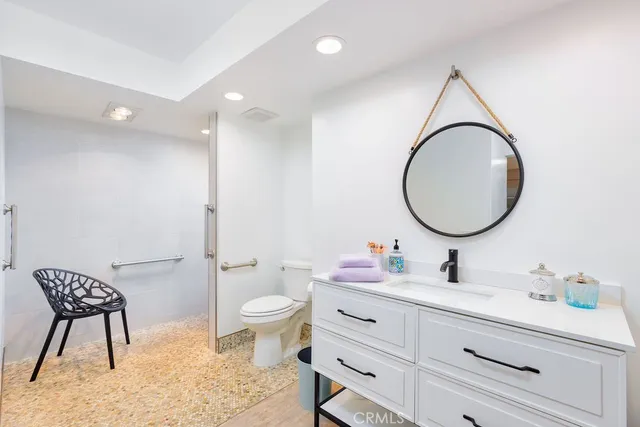 a bathroom with a toilet a sink a mirror and a potted plant